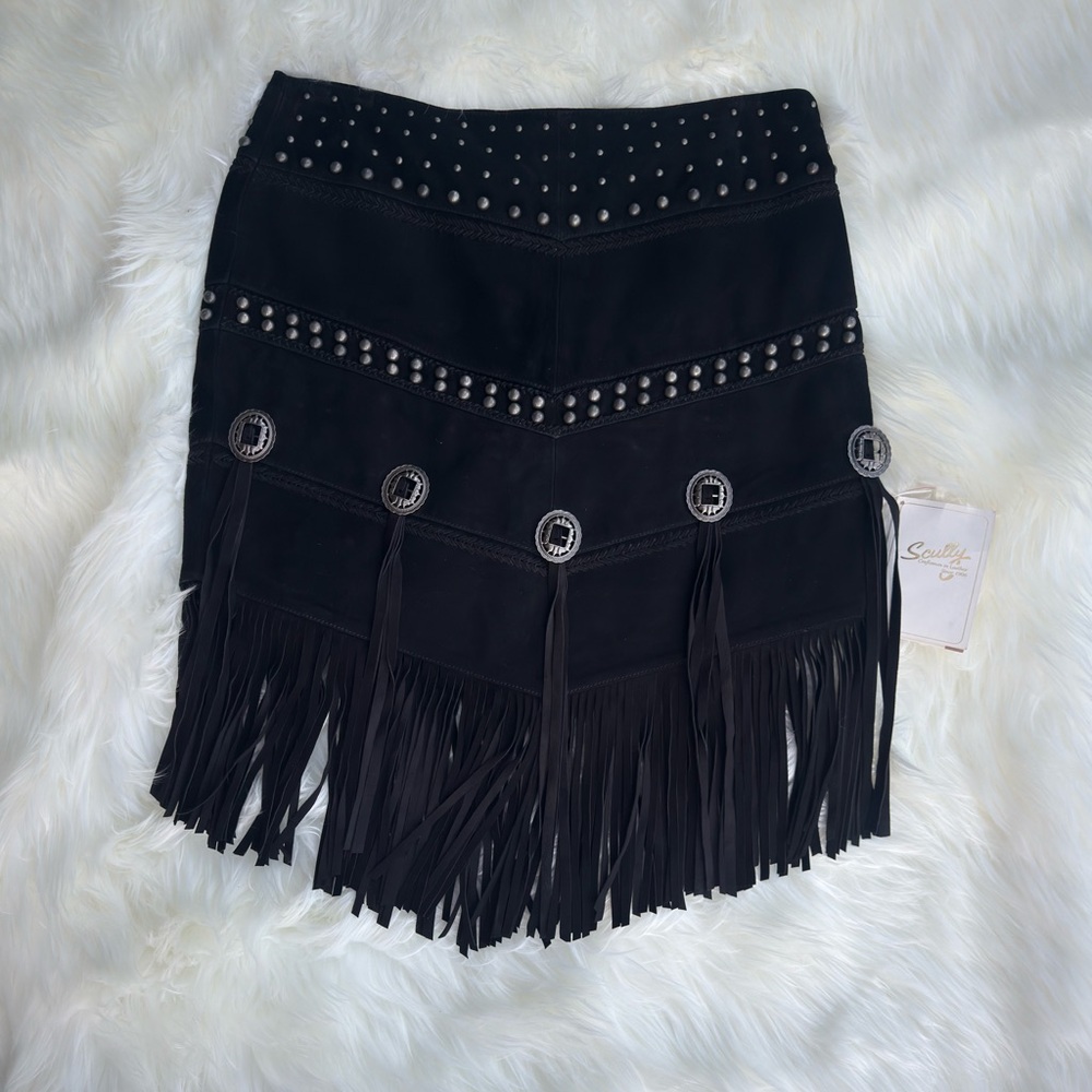 Scully Lamb Suede Fringe Midi Skirt - Black Size XL